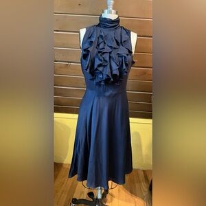 Navy Ralph Lauren 100% silk sleeveless fit-n-flare dress with ruffled front